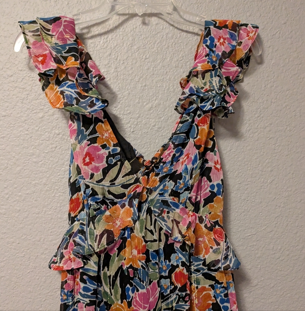 💥SALE💥New Aqua Bloomingdales Floral Chiffon Tiered Maxi Dress V Neck Ruffles M - Picture 4 of 13